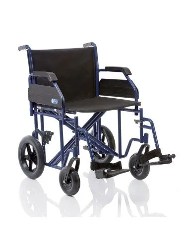 Black wheelchair with blue frame and footrest on a white background, suitable for up to 150kgs.