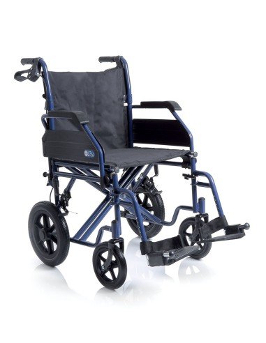 Manual wheelchair with a blue frame, black seat, and black armrests, set against a white background, suitable for up to 150kgs.