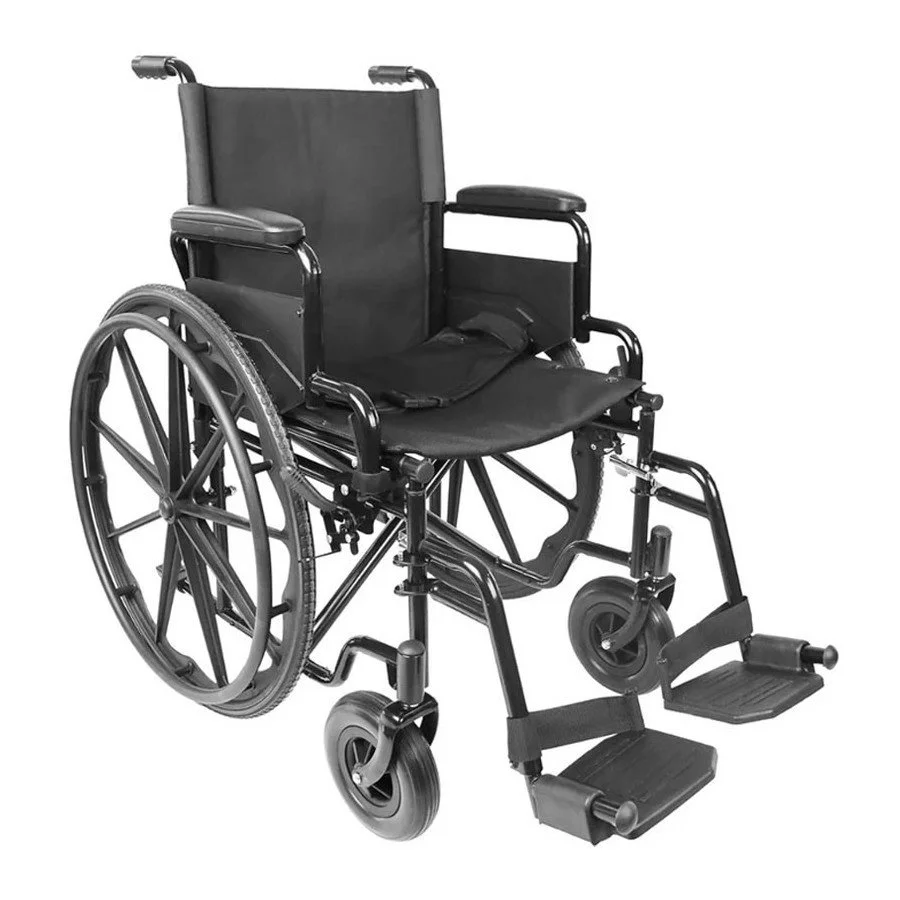Black wheelchair with large rear wheels, small front caster wheels, and footrests in a white background, suitable for up to 113kgs.