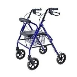 A blue rollator walker with four wheels, a padded seat, and a metal basket underneath.