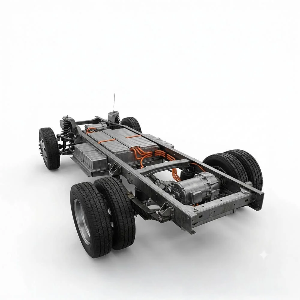A flat, metallic electric car chassis with four tires, wiring, and components visible, set against a plain white background.
