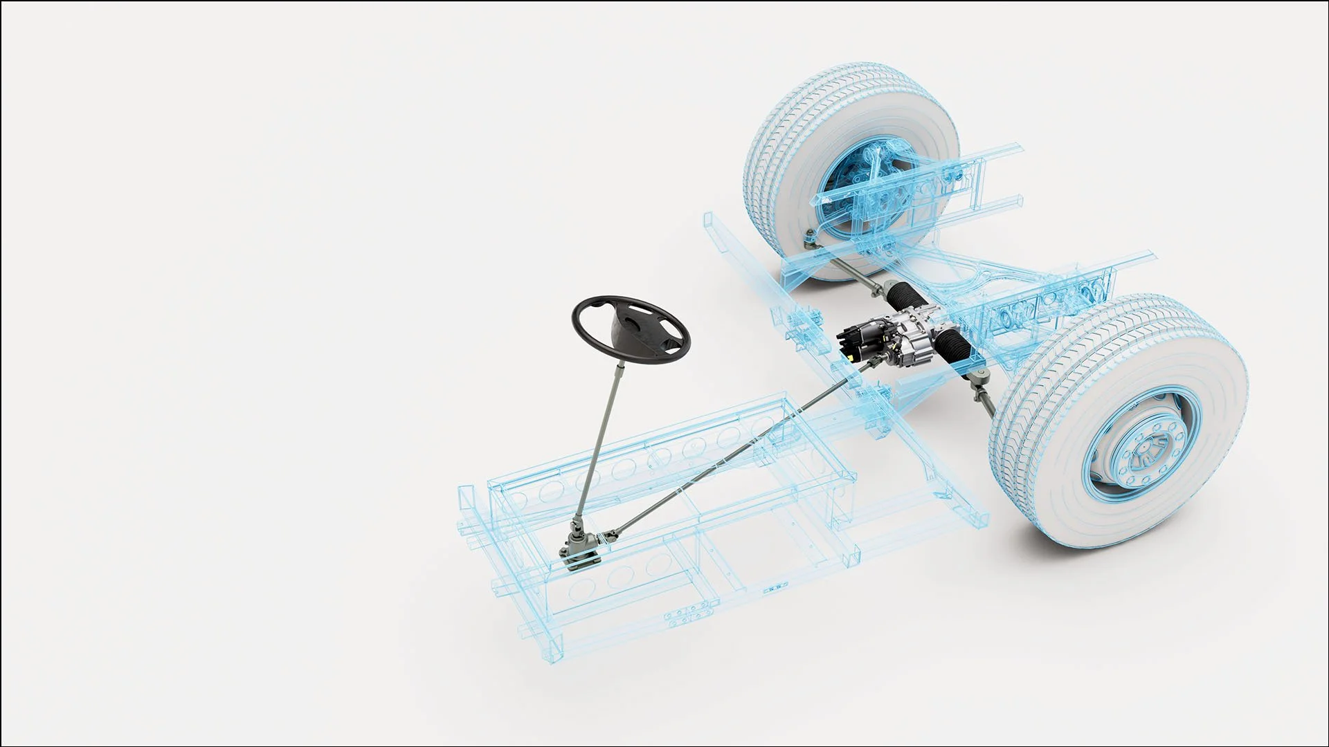 A semi-transparent blueprint-style illustration of a vehicle chassis and wheels with a detailed internal view, featuring a steering wheel and a TruEPS™ power steering system.