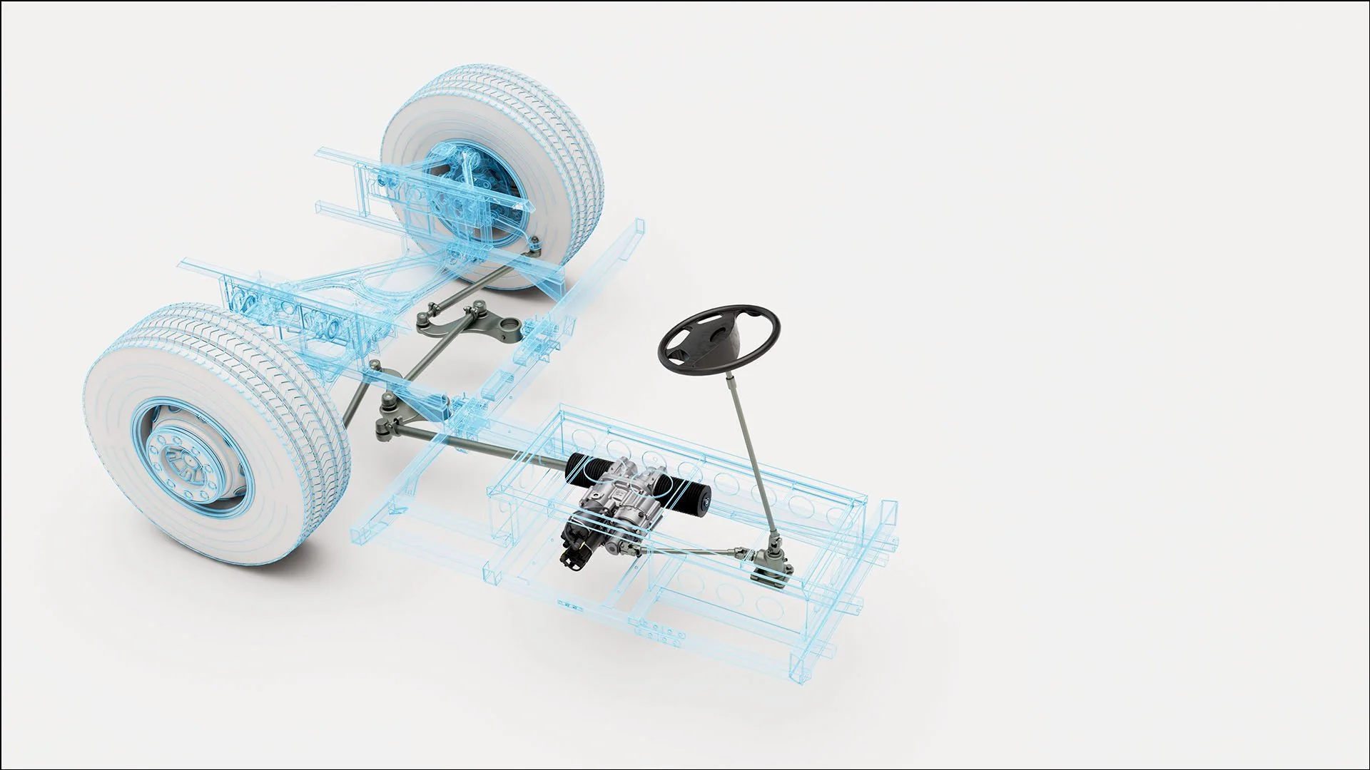 A digital blueprint of a vehicle chassis, suspension, and TruEPS™ steering system, with parts depicted in light blue transparency on a white background.