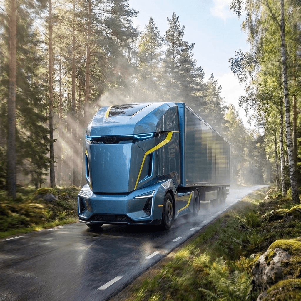 A futuristic, self-driving delivery truck parked in a lot with a building, wind turbine, and grassy field in the background under a clear sky.