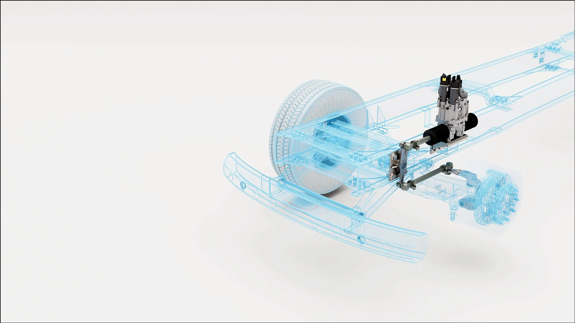 A technical illustration of an electric vehicle's chassis, showing a transparent view of the wheel, suspension, and a TruEPS™ power steering system.