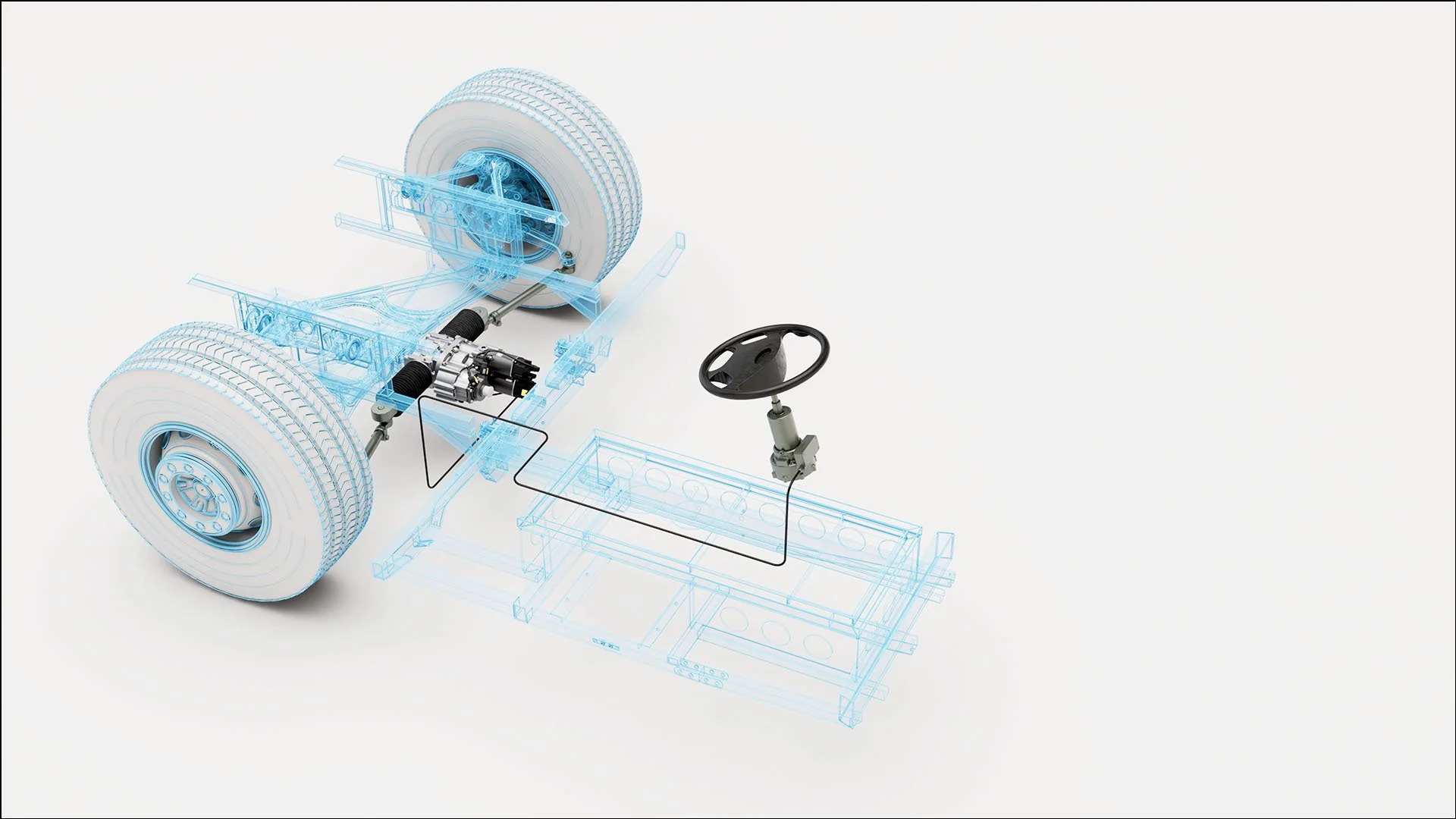 Digital illustration of a vehicle chassis with a steering wheel connected to the front wheels, showing a TruEPS™ power steering system and electronic components in blue outline.