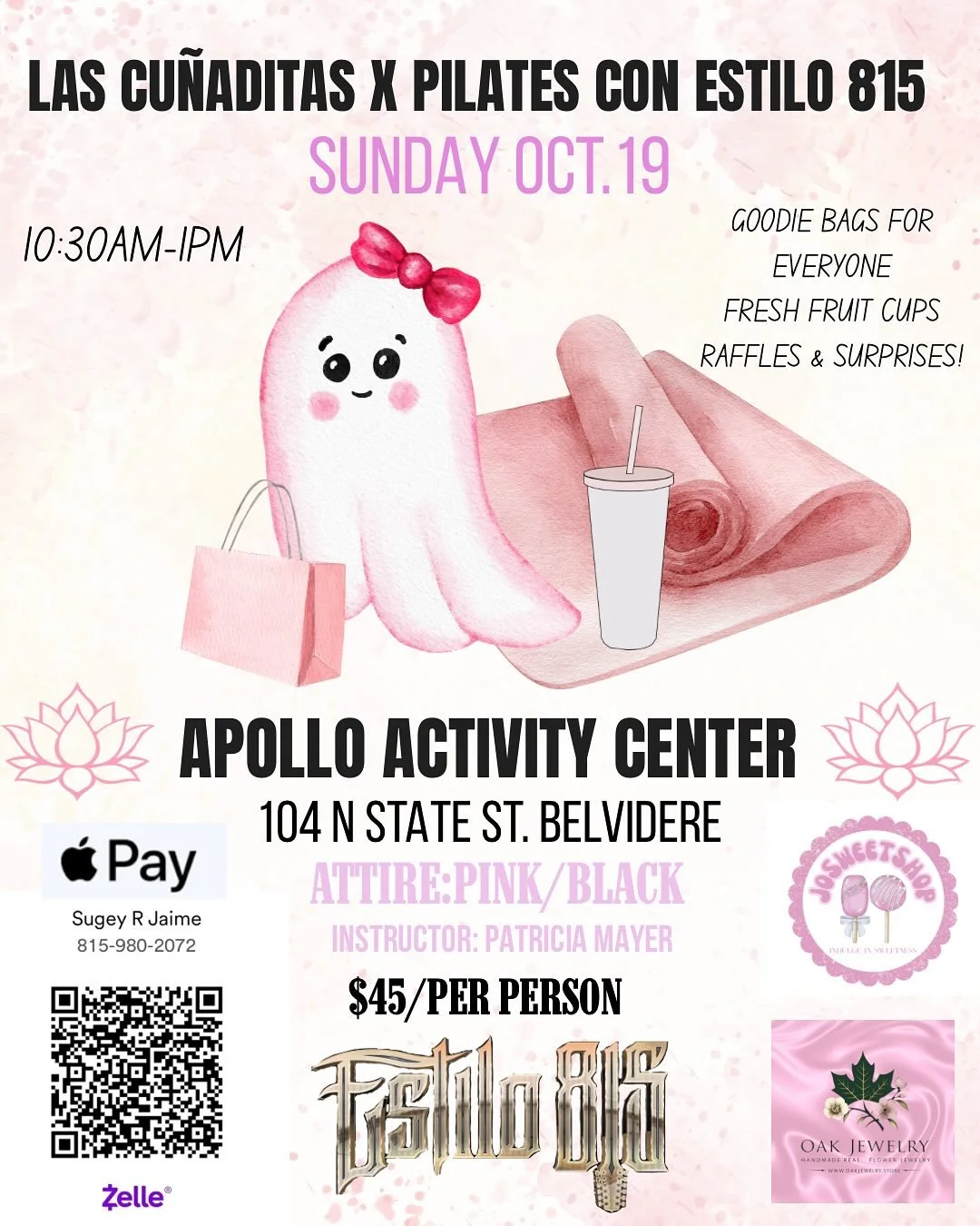 Sunday, October 19 ✨ LAS CUÑADITAS x PILATES CON ESTILO 815 ✨
Join us for:
• 1 hour of Pilates with instructor Patricia Mayer
• Social hour, shopping, raffles, and giveaways
• Goodie bags, fruit cups, and a 360 photo booth
📍