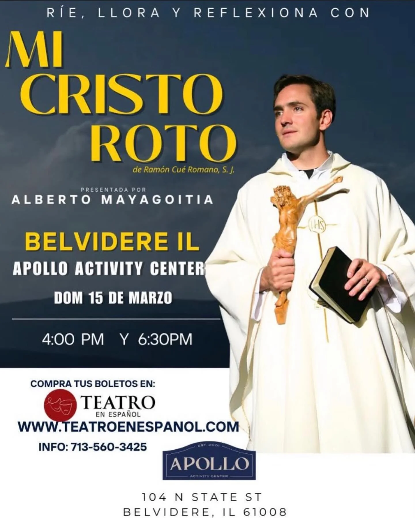 Sum&eacute;rgete en la emoci&oacute;n teatral m&iacute;stica con el deslumbrante espect&aacute;culo ✨MI CRISTO ROTO✨, protagonizado por Alberto Mayagoitia. El 15 de marzo de 2026 en el Apollo Activity Center, para mayores de 10 a&ntilde;os, vivir&aac