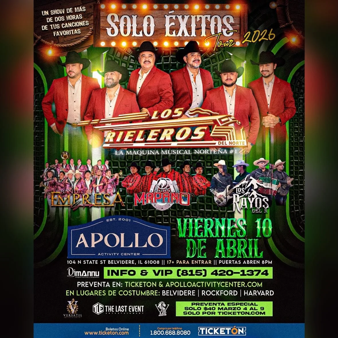 Viernes 10 de Abril llega LOS RIELEROS 🚂  con Banda Empresa, Conjunto Mapano, y Los Rayos 

🍾 VIP/Tickets &raquo; apolloactivitycenter.com | 17+ Event 
📍Apollo Activity Center 
104 N. State St. Belvidere, IL 61008