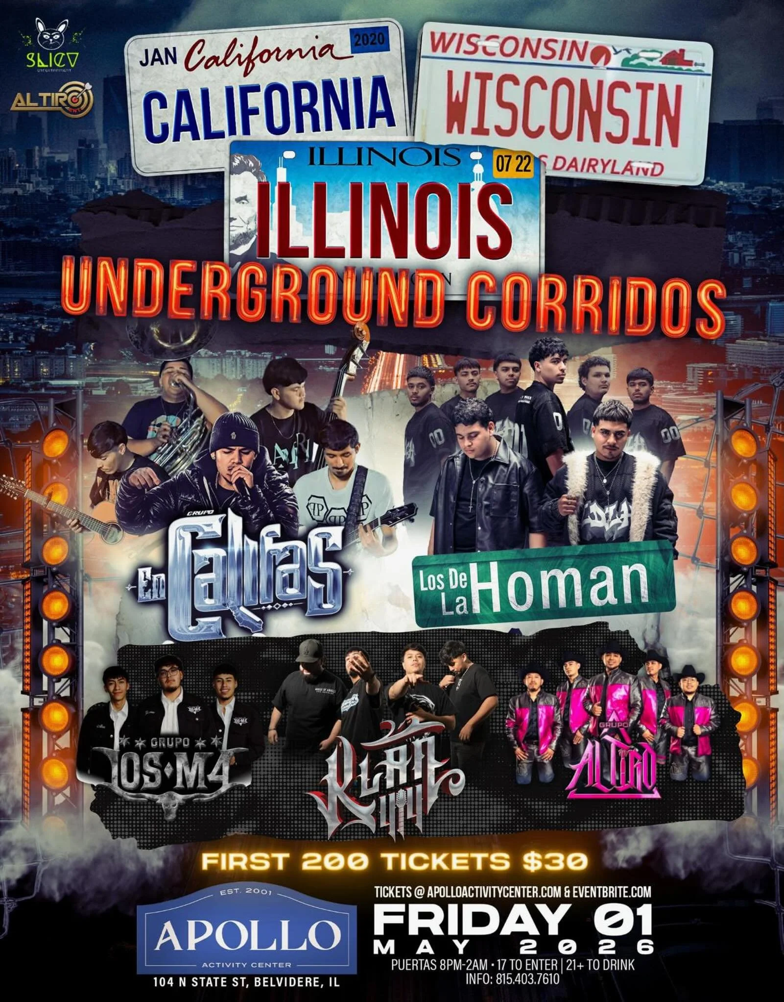 Viernes 01 de Mayo llega @grupoencalifas, @homan__oficial, @grupolosm4, @grupoaltiro, &amp; @klan414 🔥

🍾 VIP/Tickets &raquo; apolloactivitycenter.com | 17+ Event 
📍Apollo Activity Center 
104 N. State St. Belvidere, IL 61008