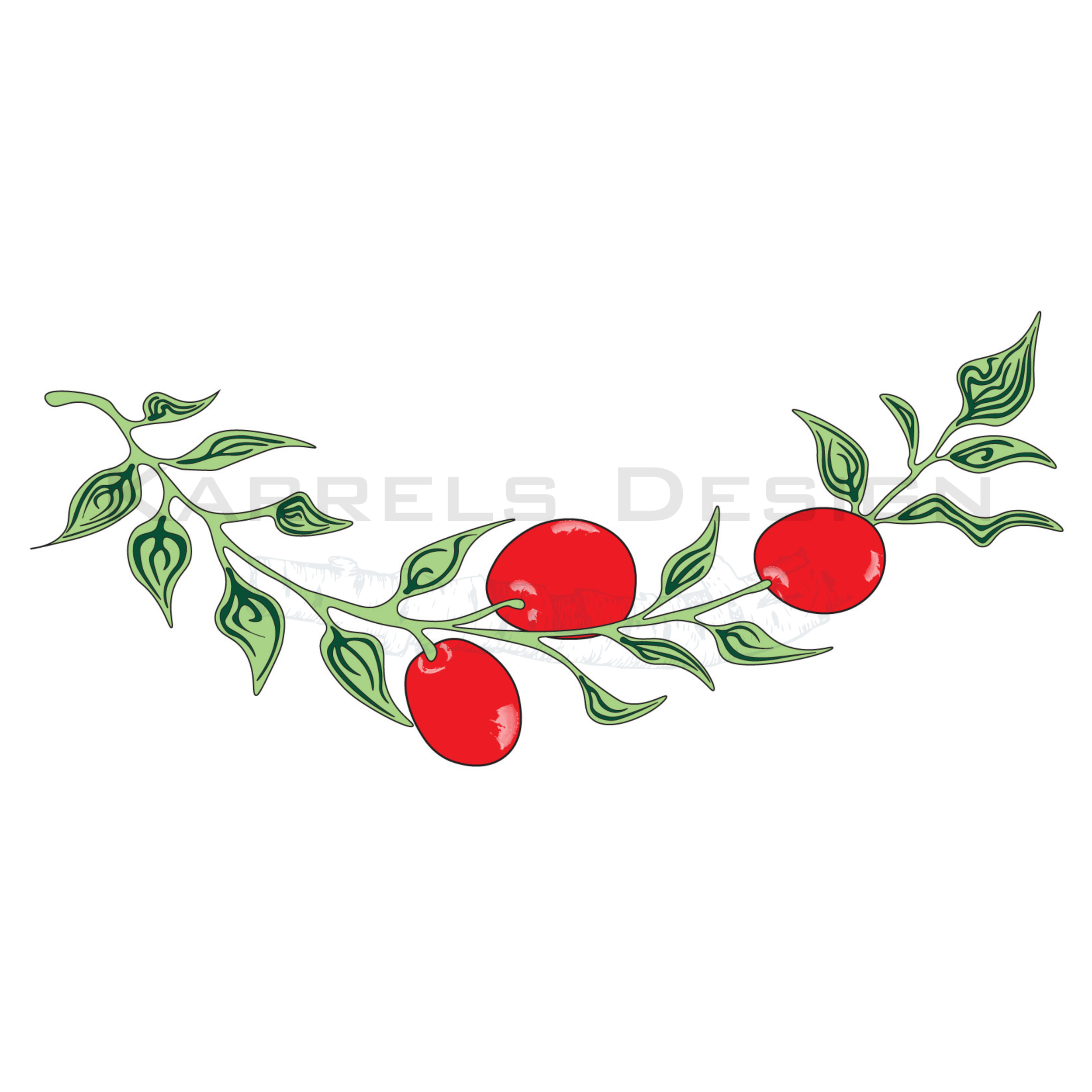 Illustration of four red tomatoes attached to a vine with green leaves, set against a plain white background.