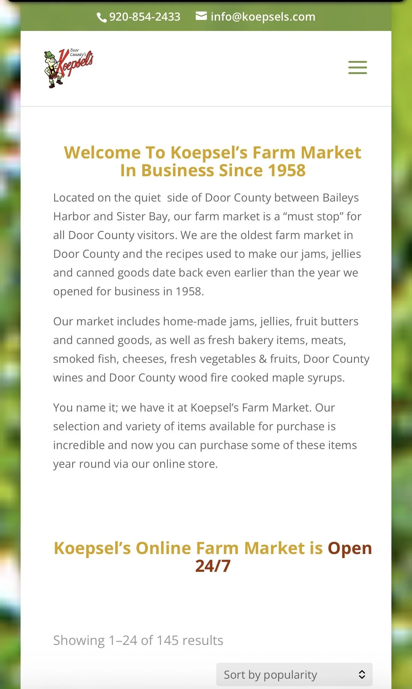 Screenshot of Koepsel's Farm Market website homepage, with a welcoming message about the market's history and products, and the note that their online farm market is open 24/7.