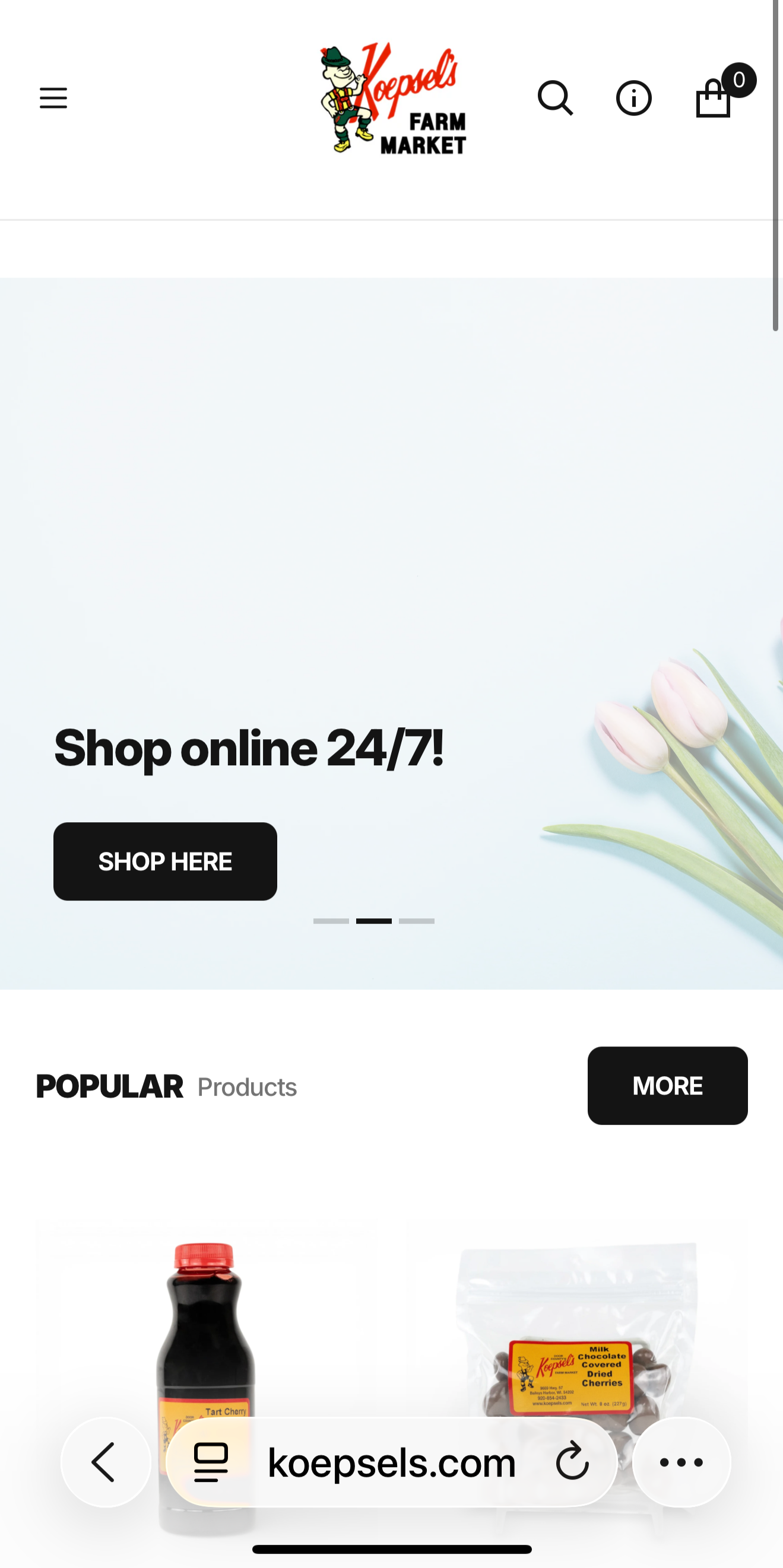 Screenshot of Koepsel's Farm Market website showing a logo with a cartoon character, a 'Shop online 24/7' banner with a 'Shop Here' button, tulips on the right, and products like cherry syrup and dried cherries at the bottom.