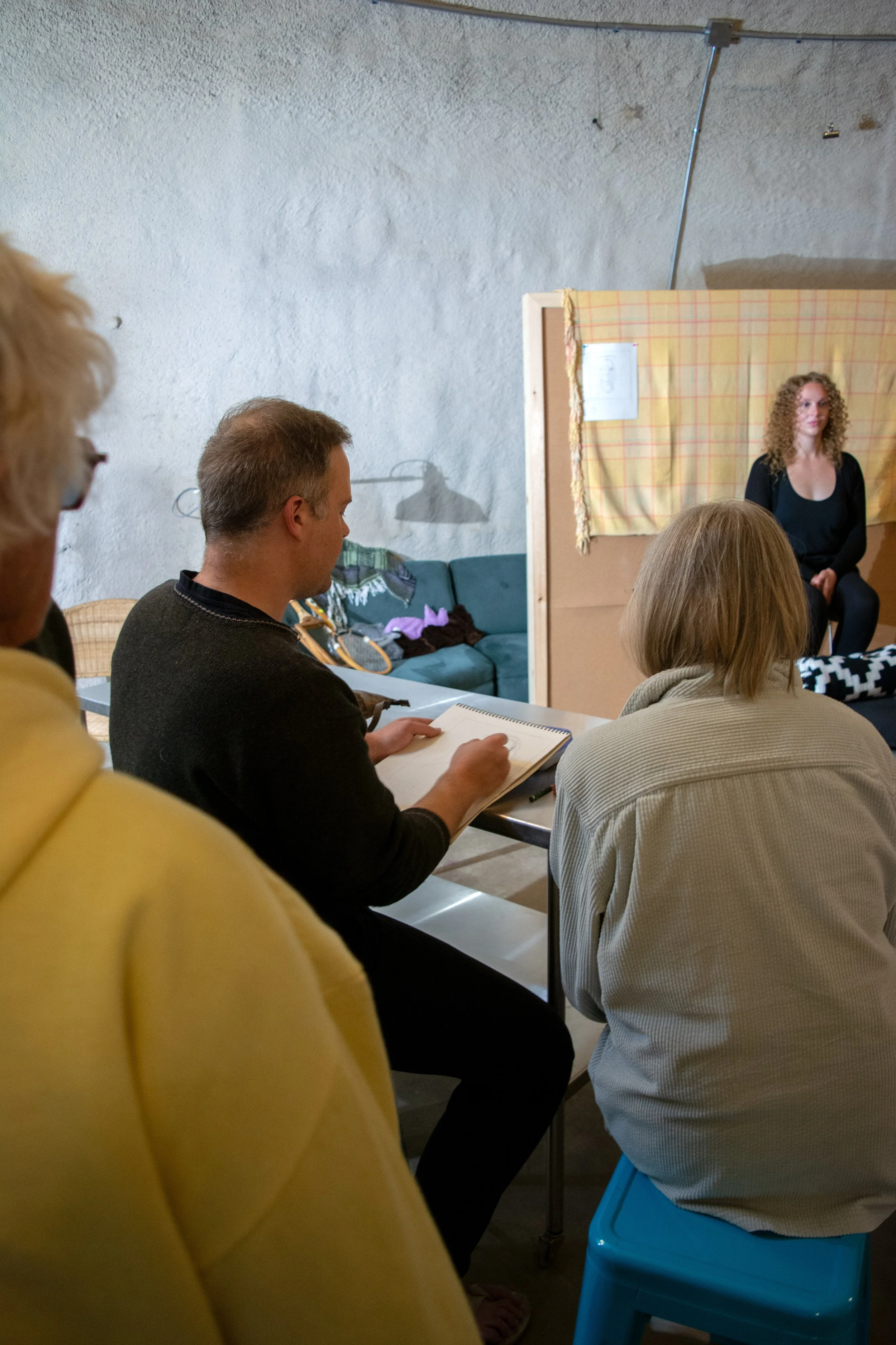 People sitting in a room watching a woman speak in front of a makeshift backdrop during a workshop or presentation.