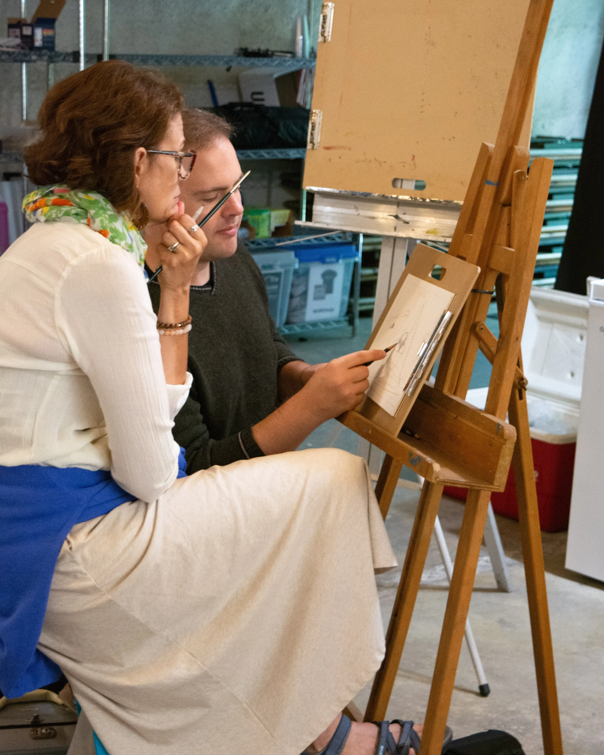 Douglas Pendleton working with community member in Door County at the Dome House Artist Residency 