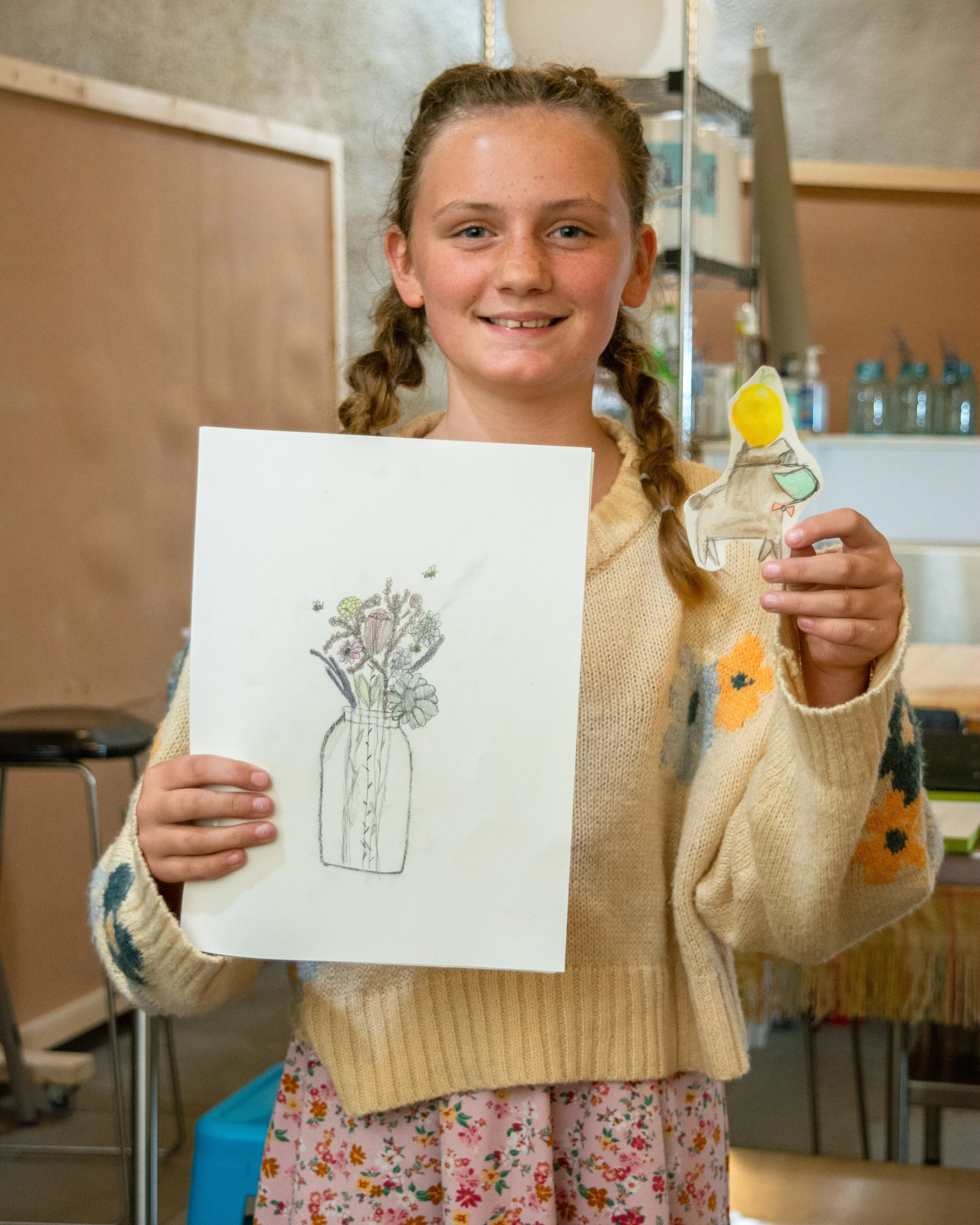 Dome House Artist residency Student with her work from the workshop