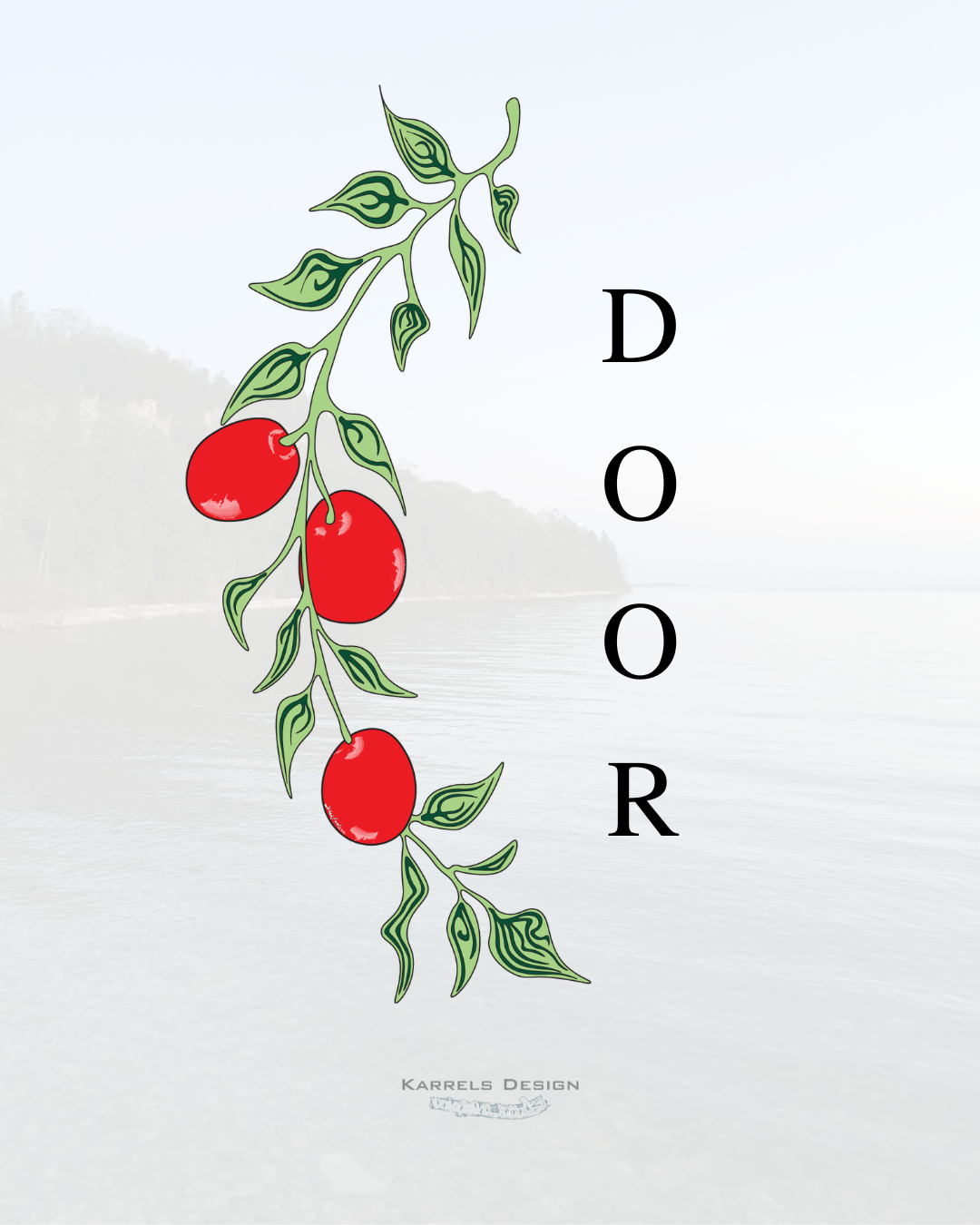 Illustration of a cherry tomato plant with three red tomatoes on a vine, alongside the word "DOOR" written vertically.