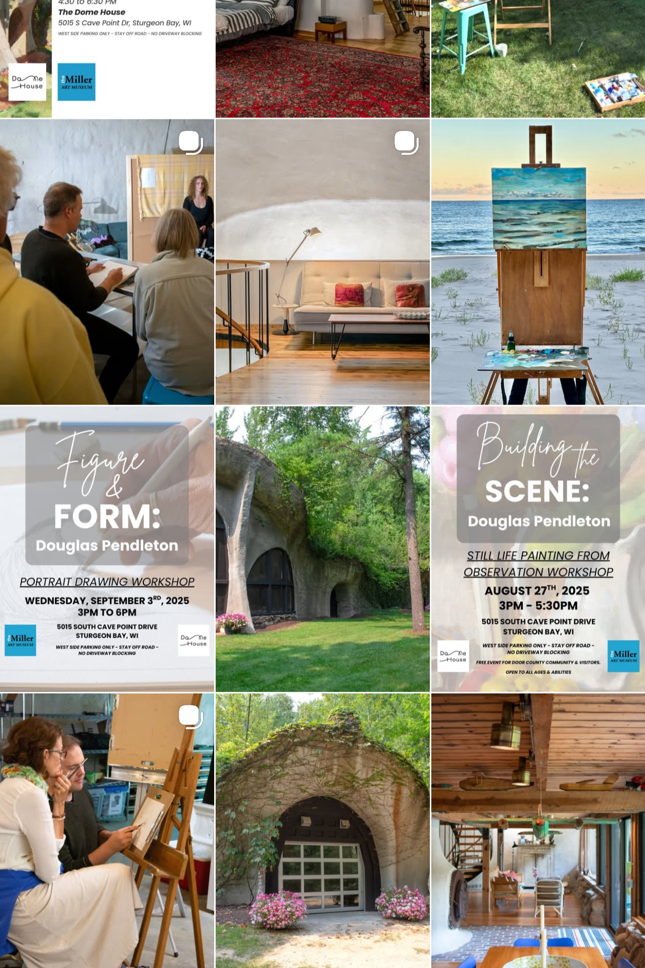 A collage of nine images including event flyers for art workshops, interior and exterior shots of unique building structures, and scenes of people participating in artistic activities.