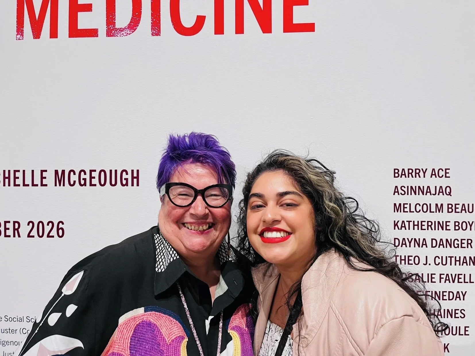 Michelle McGeough (Co-Investigator) and Jasmine Sihra (Research Assistant) at the opening of "Love Medicine." Credit: Angela Failler.