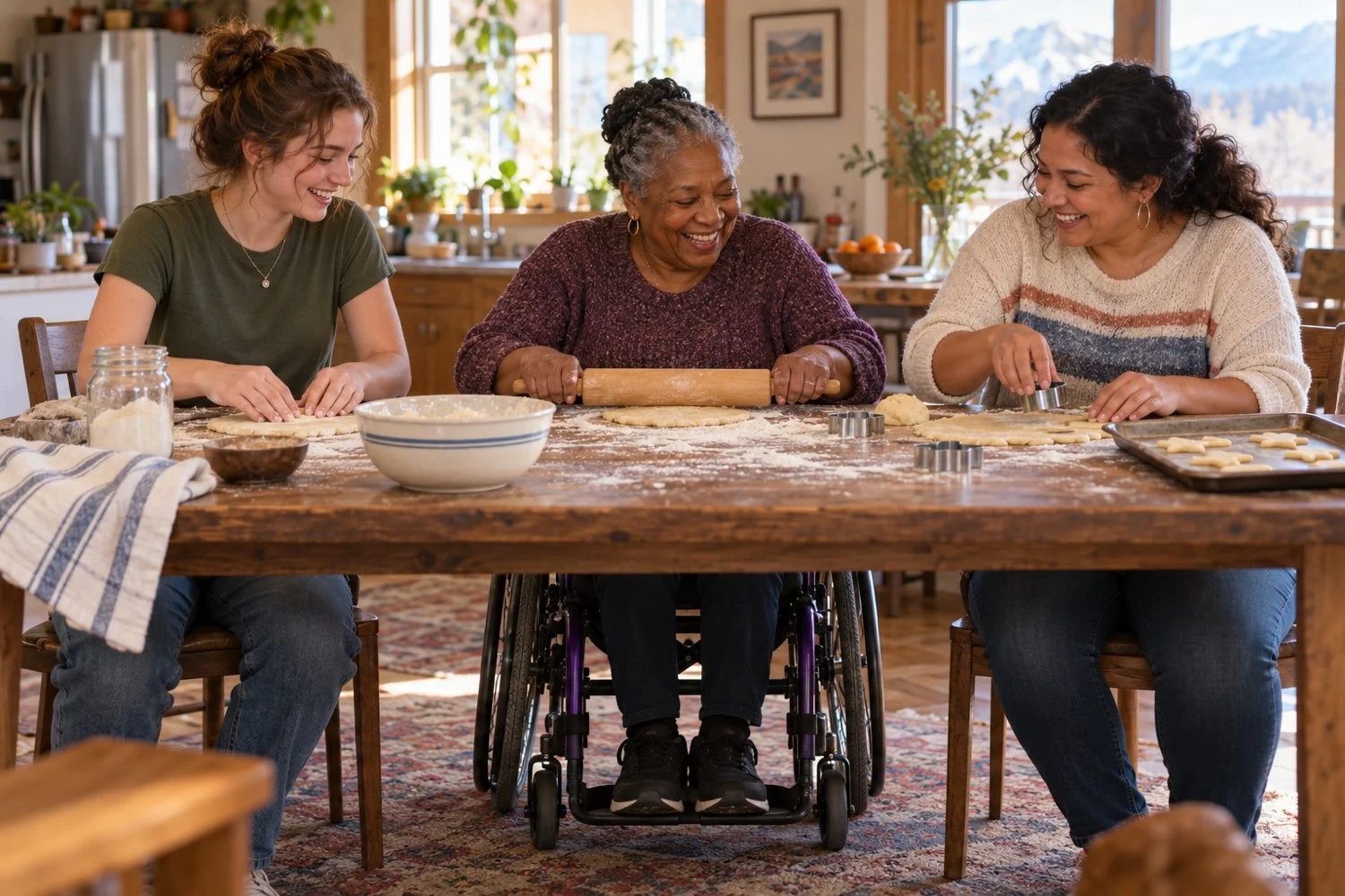 Three women laughing and kneading dough together at a wooden table, one using a wheelchair