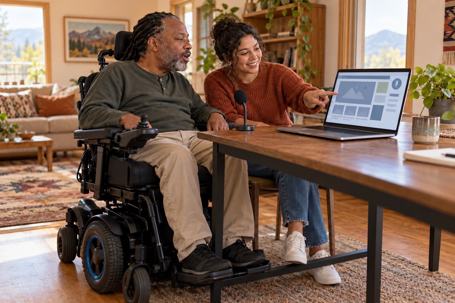 A man in a power wheelchair and a young woman working together on a laptop at a table