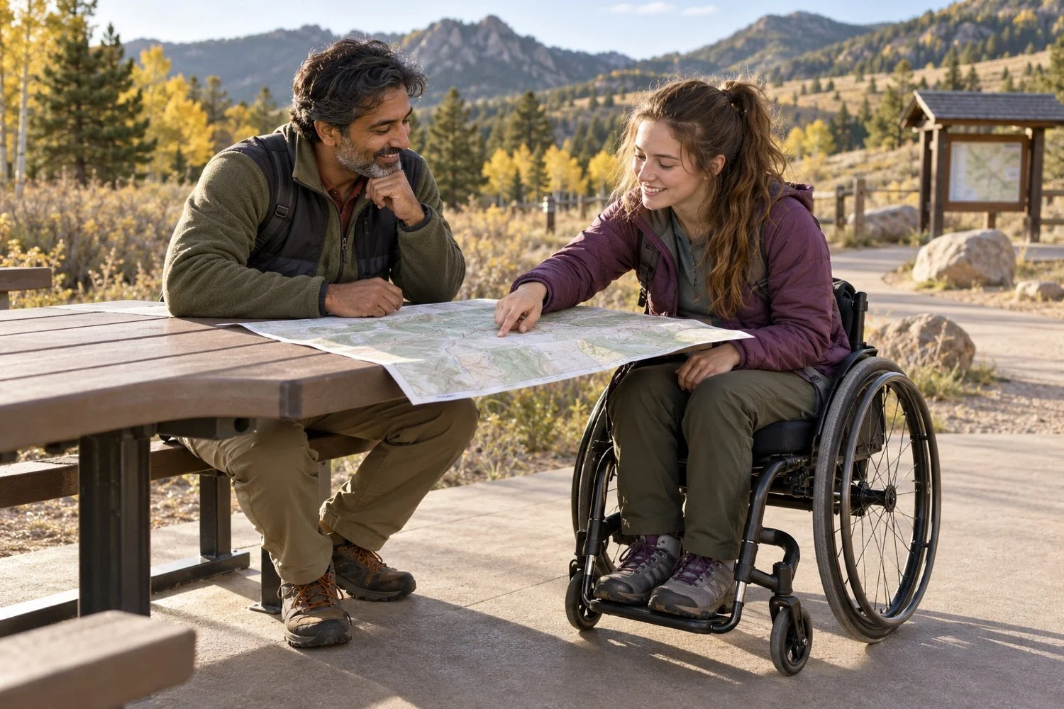 A man and a woman using a wheelchair looking over a trail map together at a picnic table near the mountains