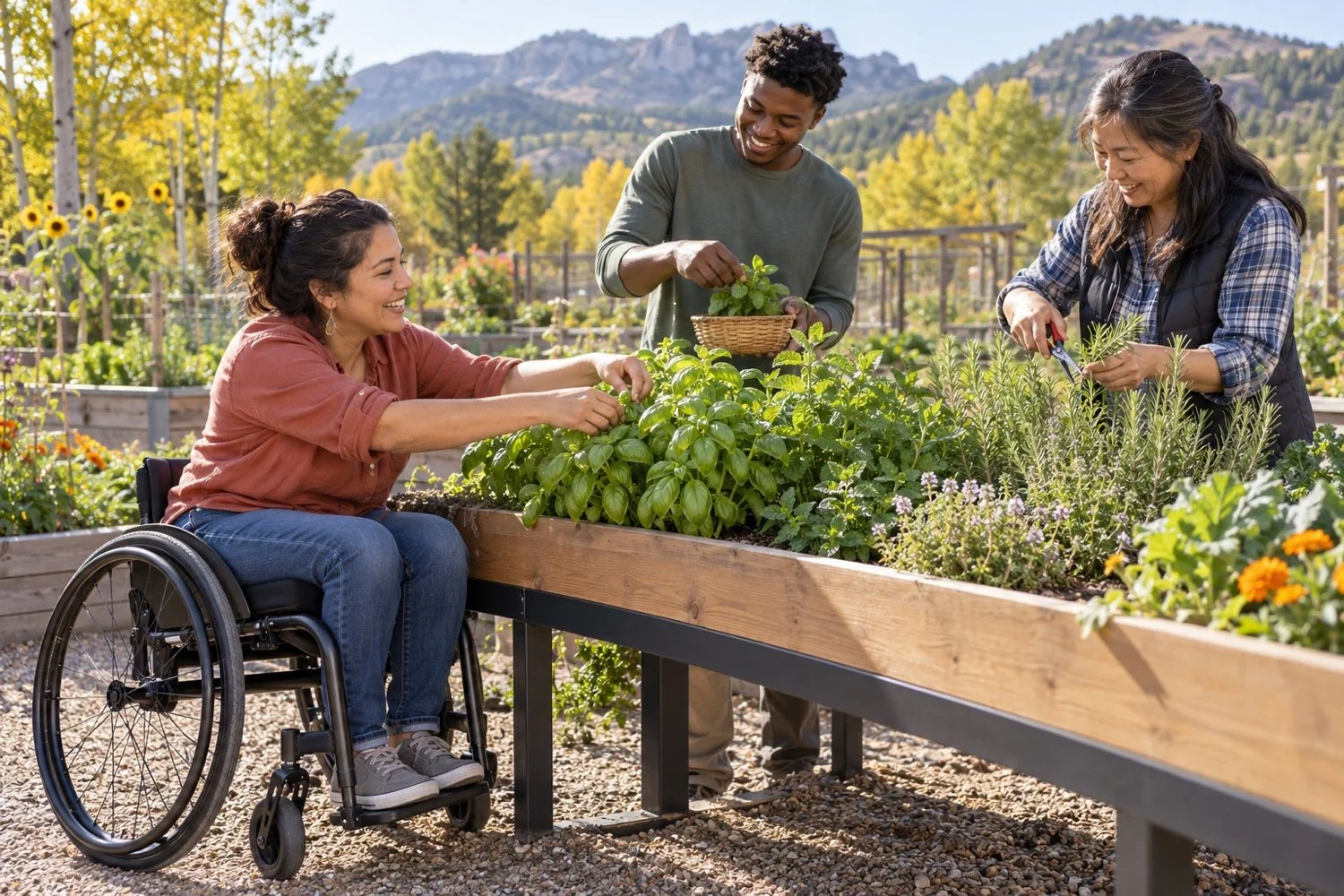 Three people harvesting herbs from a raised garden bed at wheelchair height