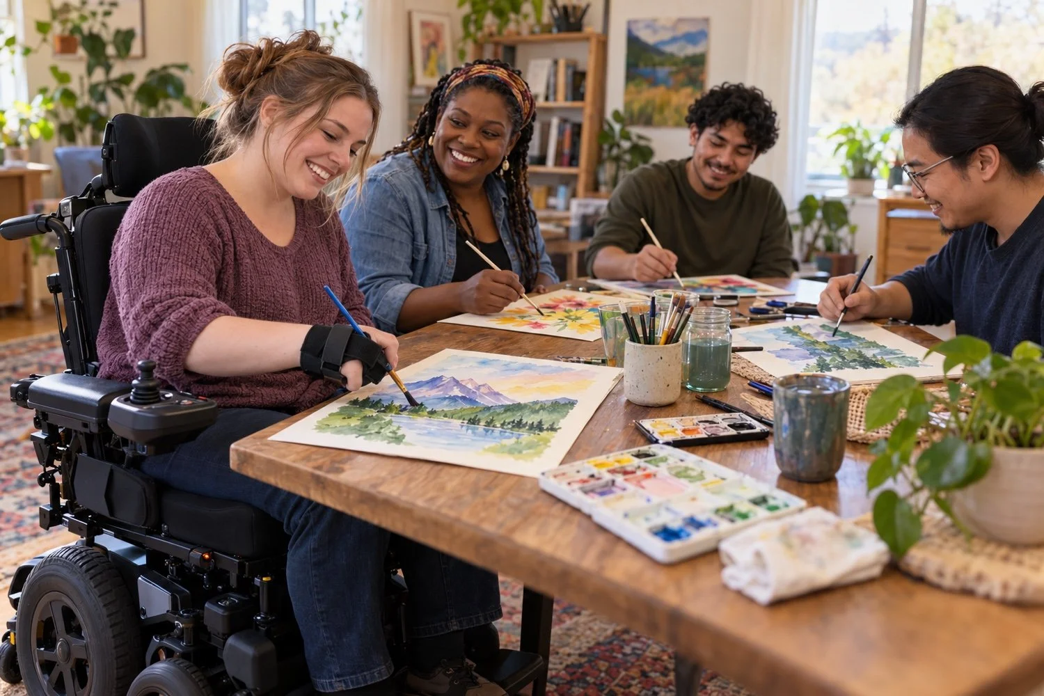 Four friends painting together at a table, one using a brush holder on a hand cuff