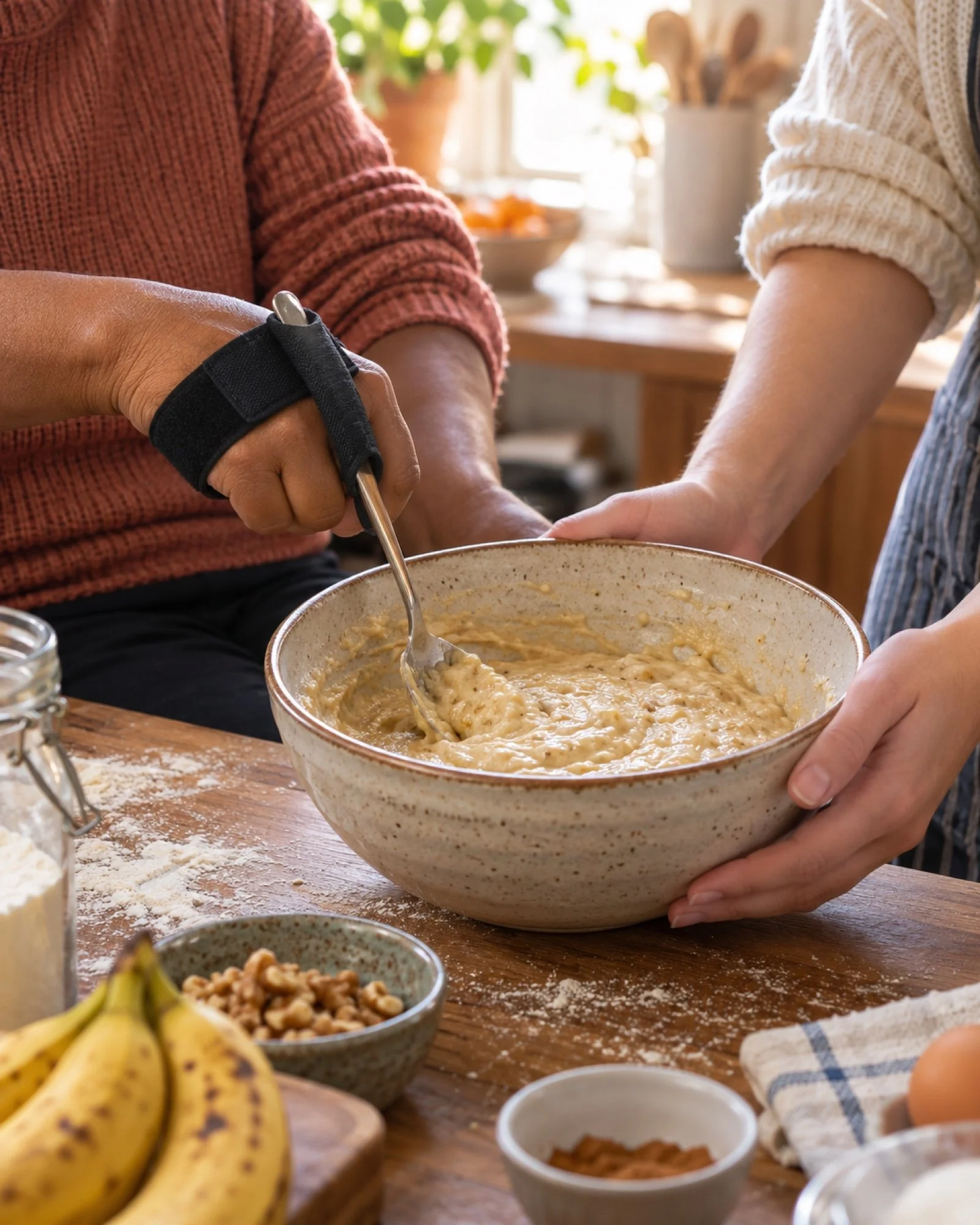 Two people mixing batter together in a big bowl at a kitchen table, one wearing an adaptive hand brace