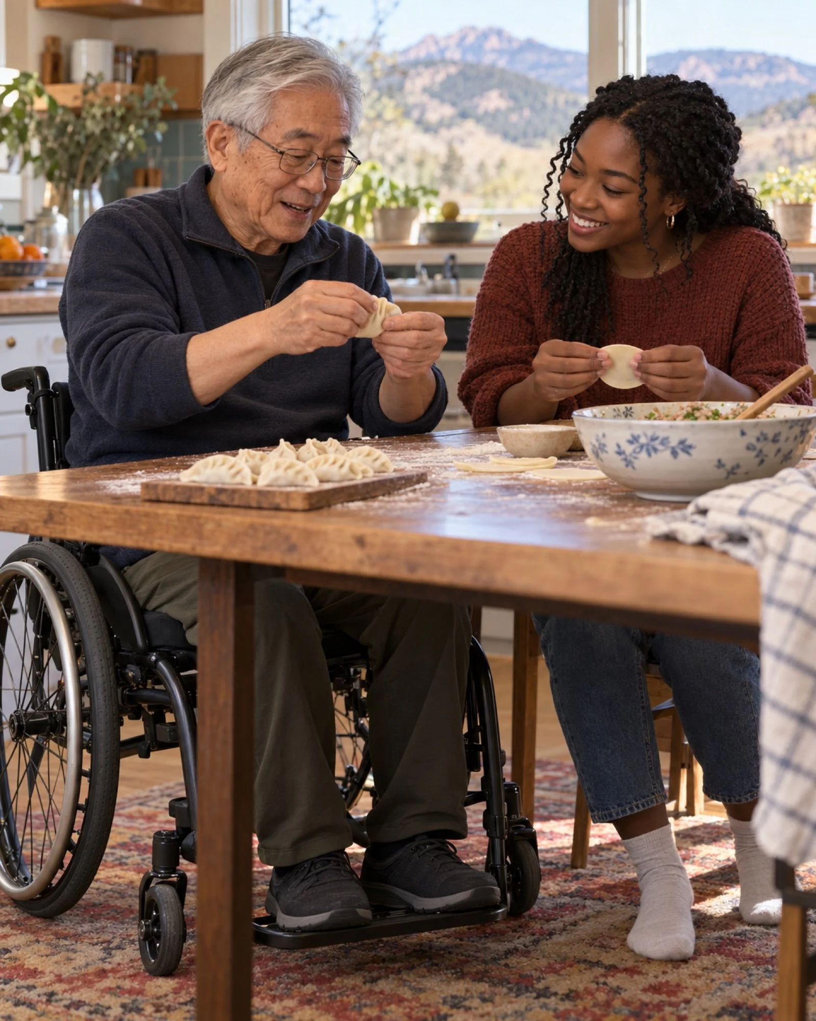 An older man using a wheelchair and a young woman folding dumplings together at a kitchen table