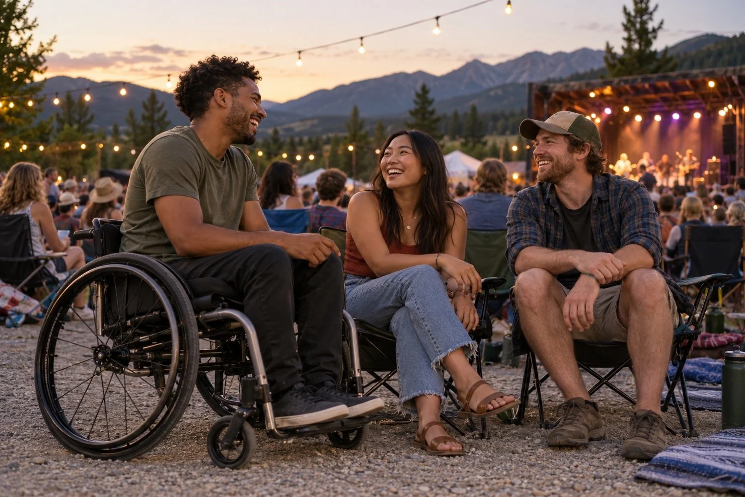 Friends at an outdoor concert, including a young man in a wheelchair