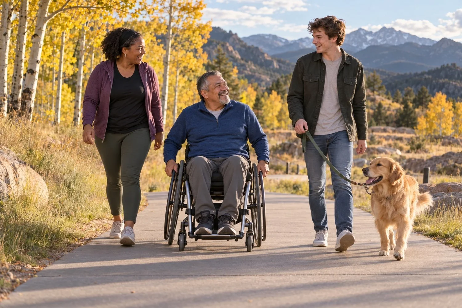 A man using a wheelchair walking a park path with two friends and a golden retriever, aspen trees and mountains behind them