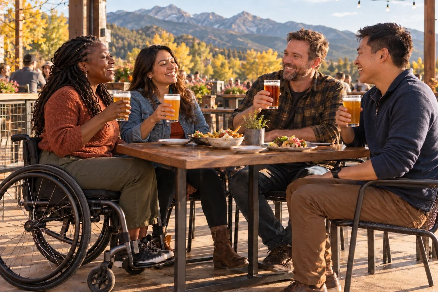 Four friends sharing drinks at an outdoor patio table with mountains behind them, one using a wheelchair