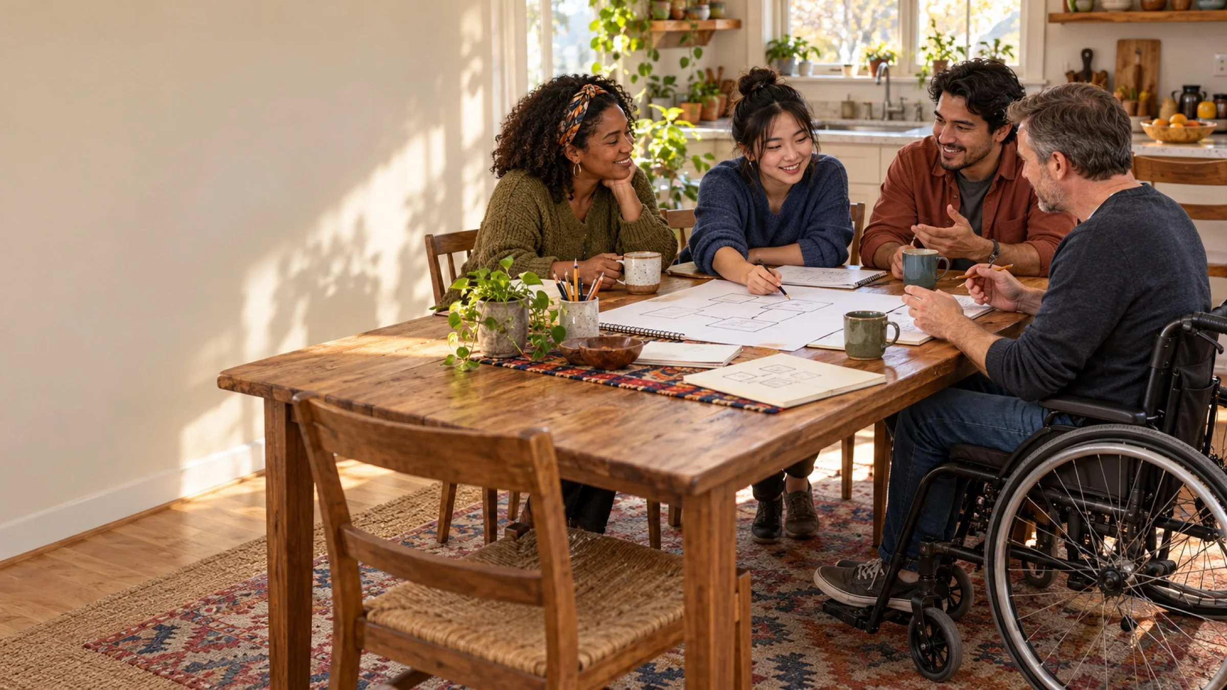 Four people planning together around a dining table covered with notes, one using a wheelchair