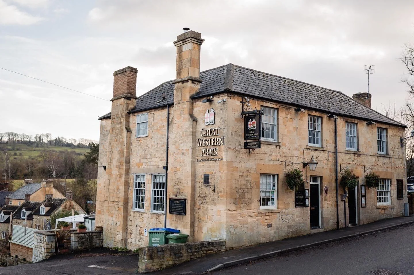 Our local pub, The Great Western Arms, is so close you can see The Court House in the background of this photo!
And in the news today is that Blockley was once  deemed the best place to live in the UK and our chimneys even feature in the article! ht