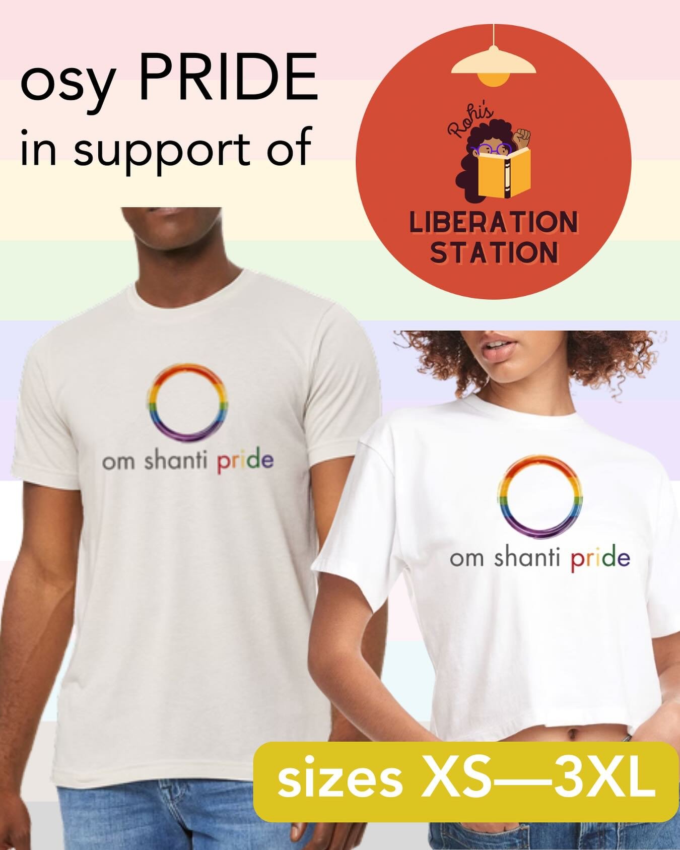 It&rsquo;s almost June meaning it&rsquo;s almost pride month! In celebration of our colorful community we are selling om shanti pride shirts💗🌈. With proceeds going to our friends at Rohis Readery + Liberation Station, a social justice driven childr