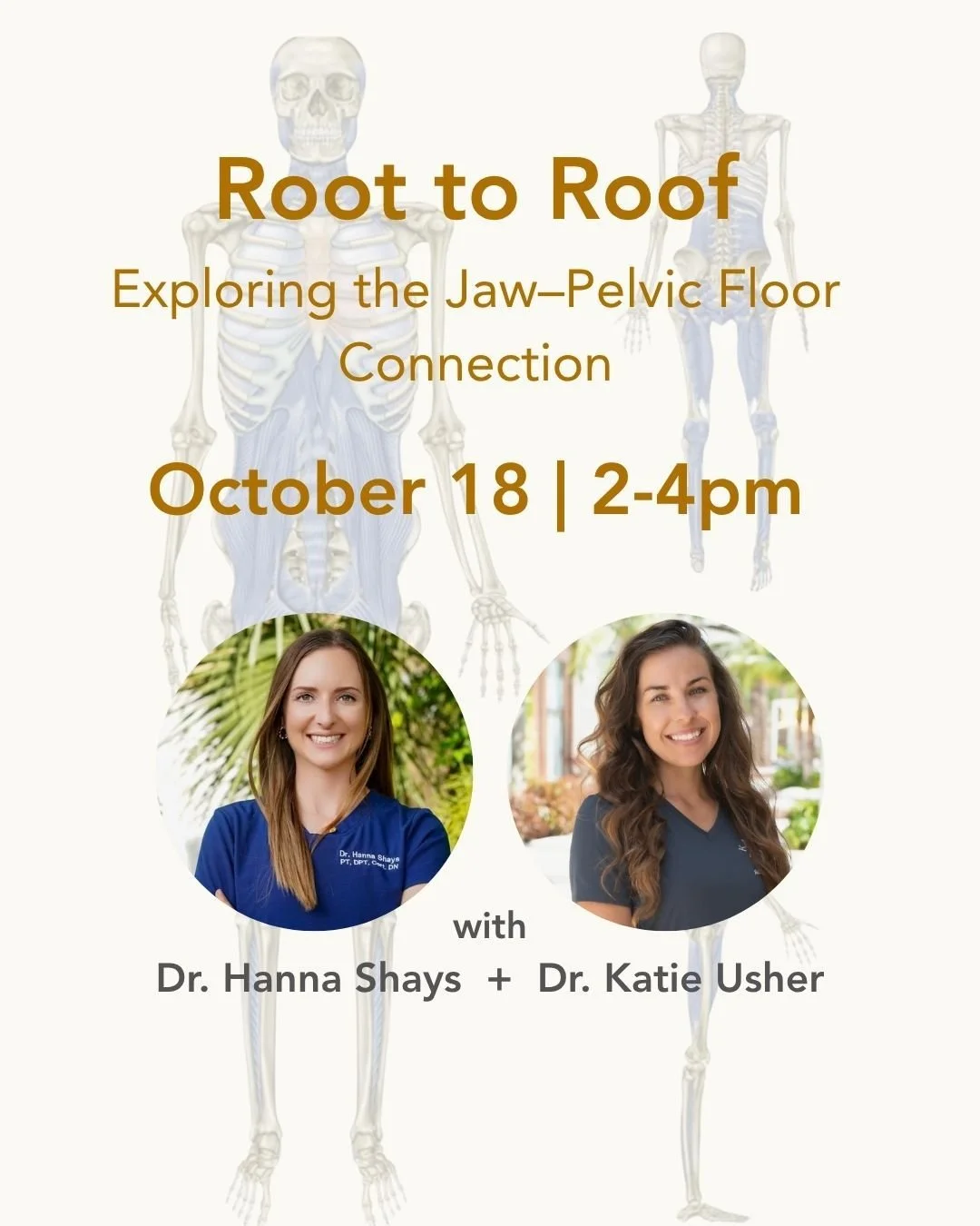 In this fascinating and experiental workshop, Dr. Hanna Shays and Dr. Katie Usher will guide you through the surprising science and practical techniques that reveal how your jaw and your pelvic floor are intricately connected. 

You&rsquo;ll learn ho
