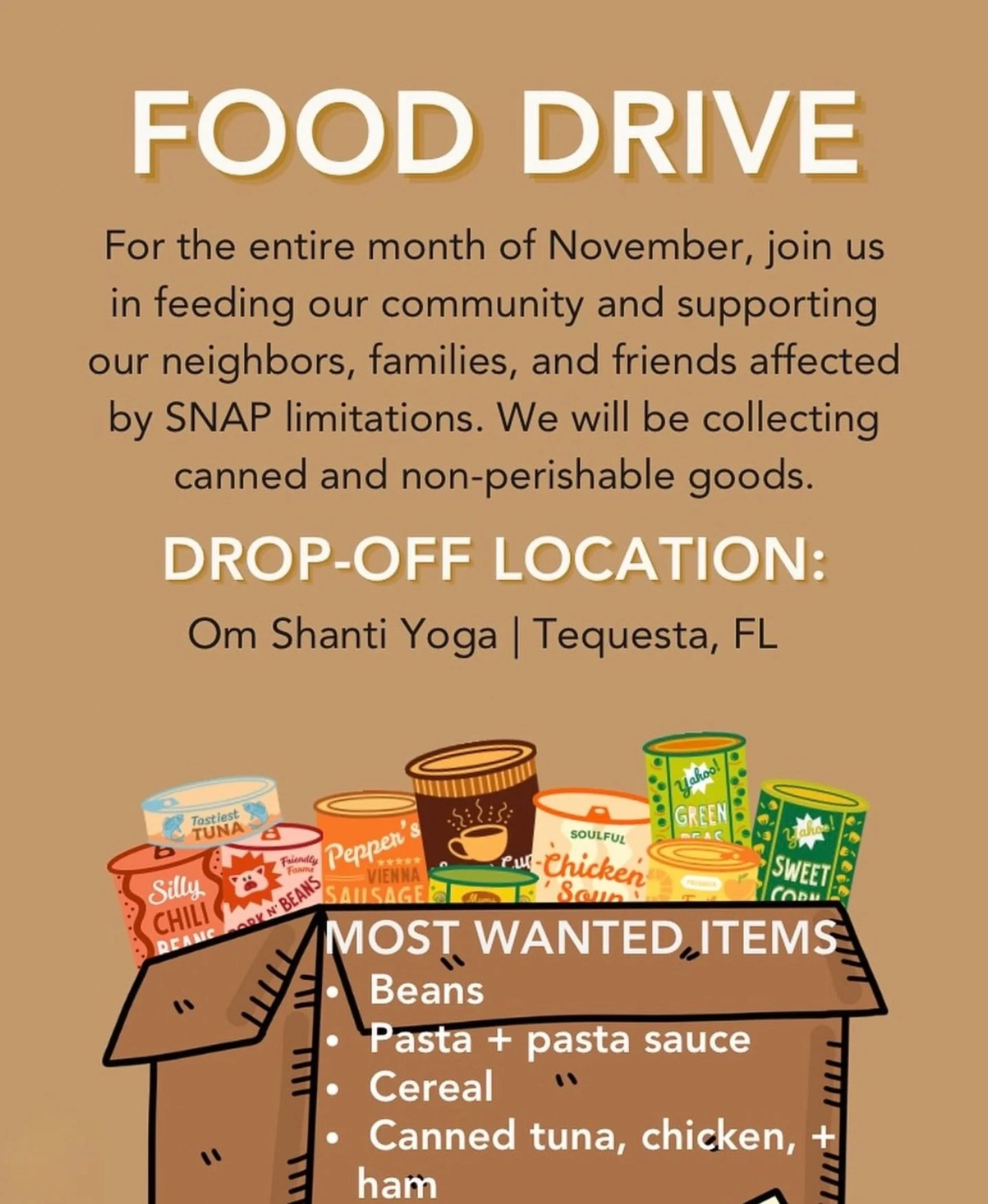 Food Drive happening in studio this month!

Most needed items are:
Beans
Pasta
Pasta sauce
Cereal 
Canned tuna, chicken and ham

Weekly, we&rsquo;ll do a drop off at @good.shepherd Food Pantry, which has been around for decades, providing food to any