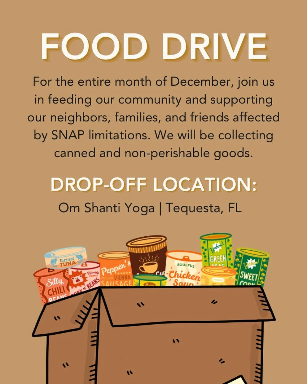 Food drive is still on!! 

The non-perishable items you drop off outside the studio door will be given to the Good Shepard Episcopal food pantry in an effort to feed the local community this season. 

If you have the availability to give, we are acce