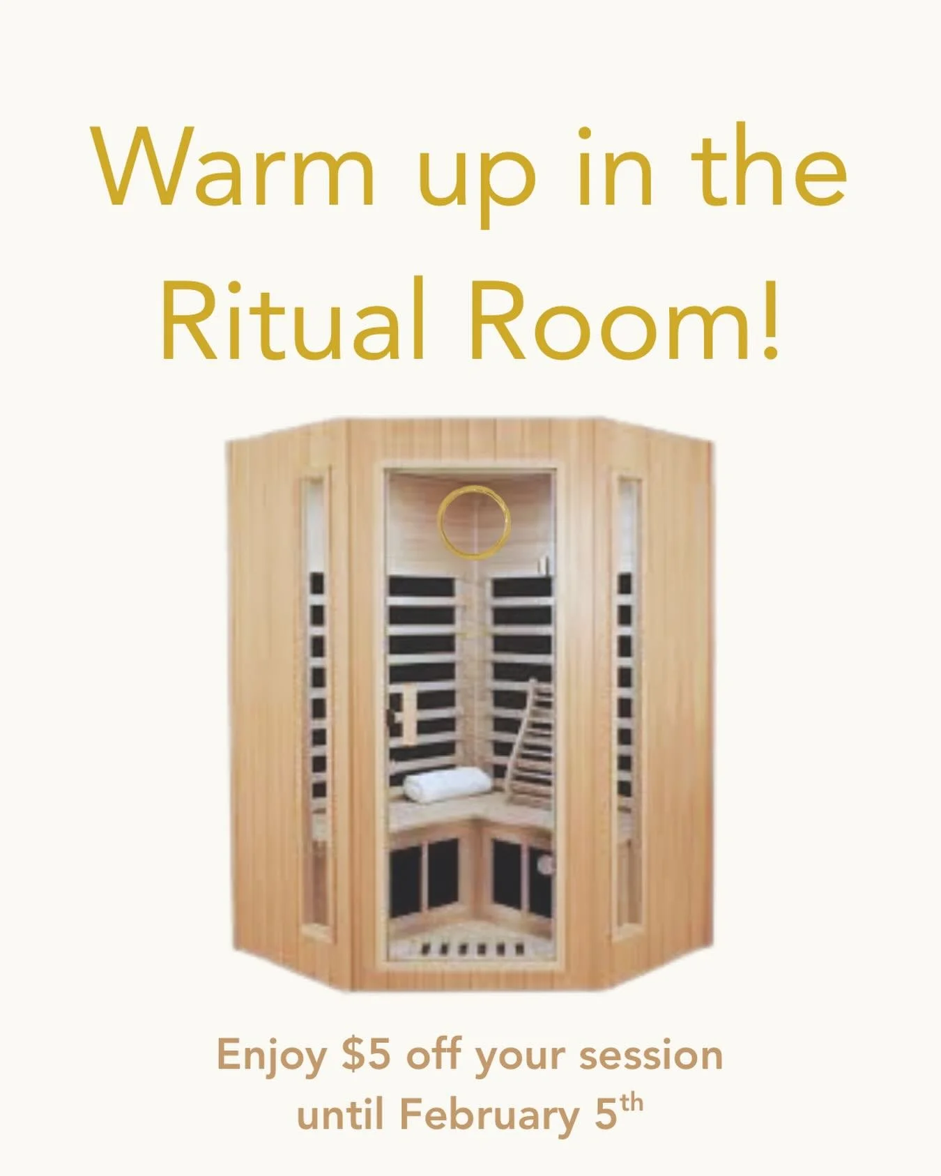 We&rsquo;re running a special for the ritual room today through February 5th✨

As the temperatures drop this week, the sauna in the ritual room offers a place to warm the muscles, encourage circulation, + give your nervous a system a moment to exhale