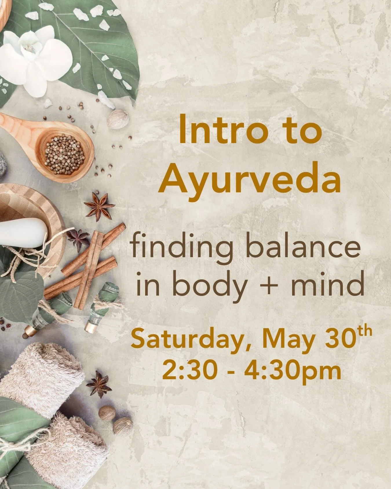 Join Kiah + explore the timeless principles of Ayurveda and how they can be applied in modern life. 

You&rsquo;ll:
💫 Learn the foundational philosophy of the five elements and three doshas (mind-body types).

💫 Discover how these forces show up in