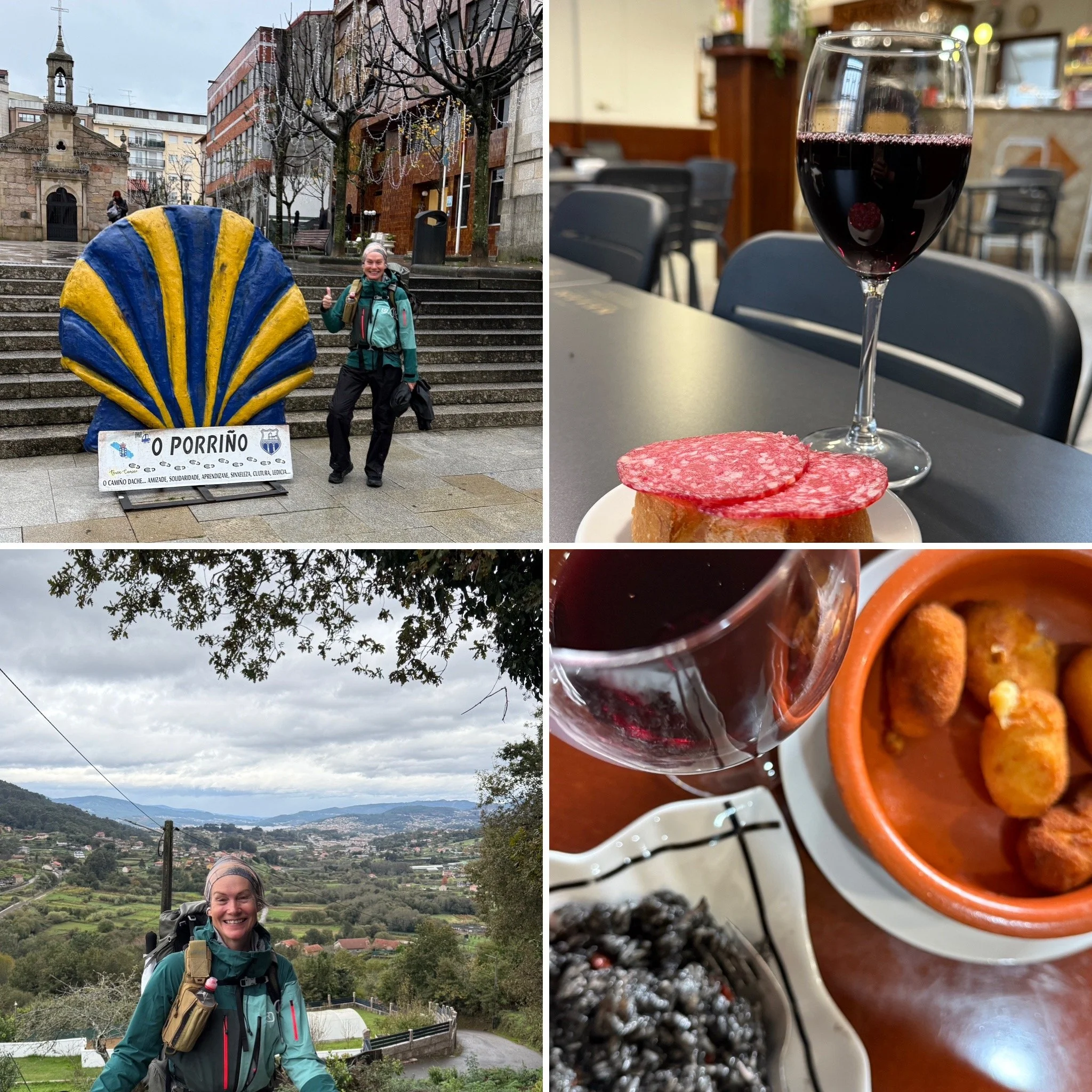 collage of a solo woman pilgrim on the central route of the Camino Portuguese Porto to Santiago