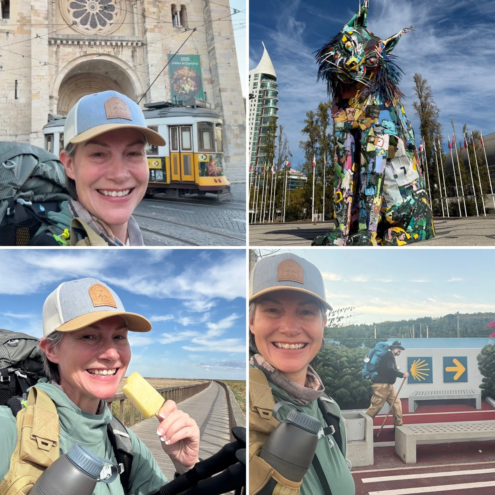 collage of a solo woman pilgrim on the Camino Portuguese starting in Lisbon