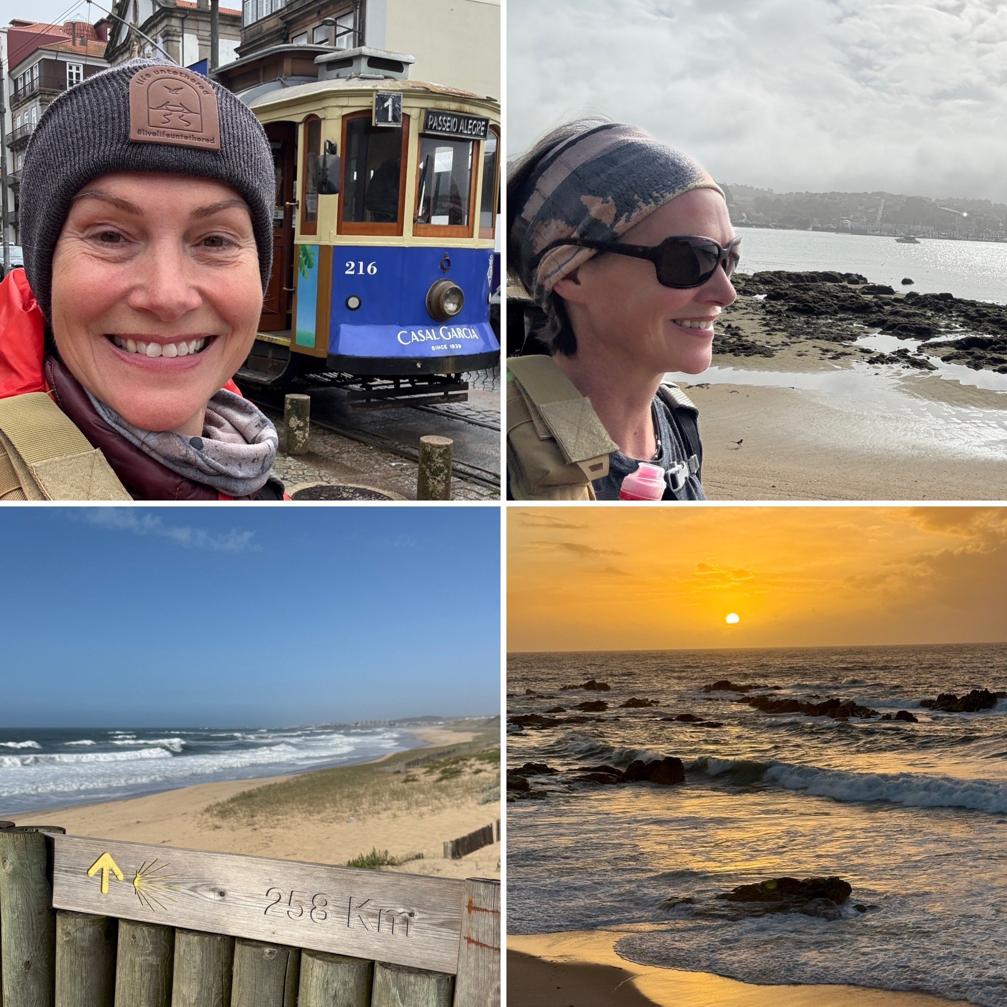collage of a solo woman pilgrim walking the Littoral Route on the Camino Portuguese