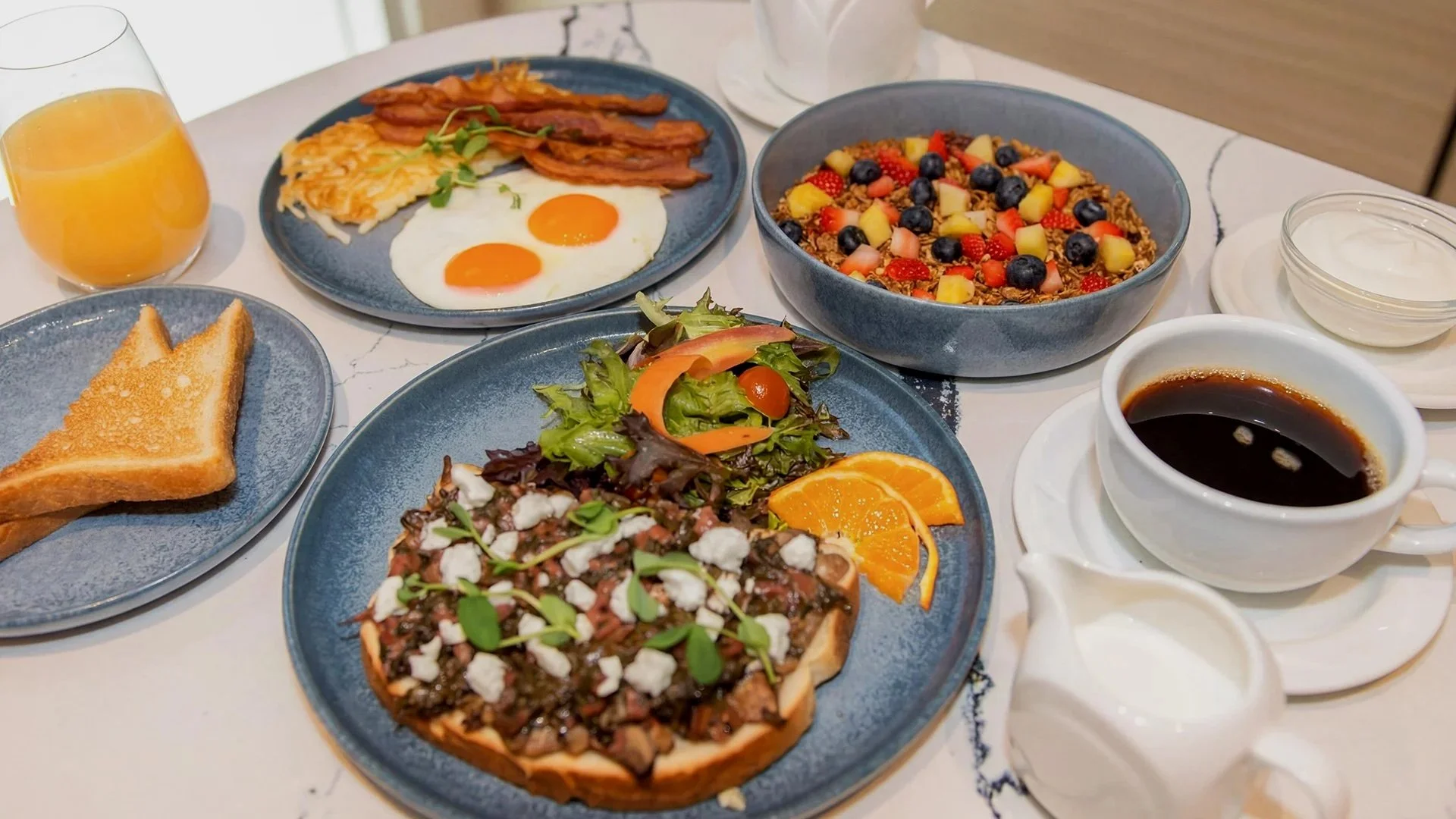 A breakfast spread.