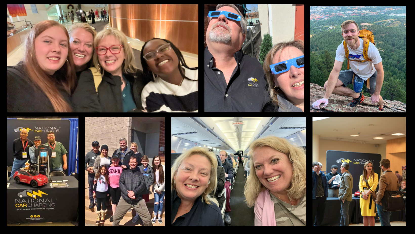 Collage of eight photos showing people at a car charging event, hiking outdoors, traveling on a bus, and socializing indoors.