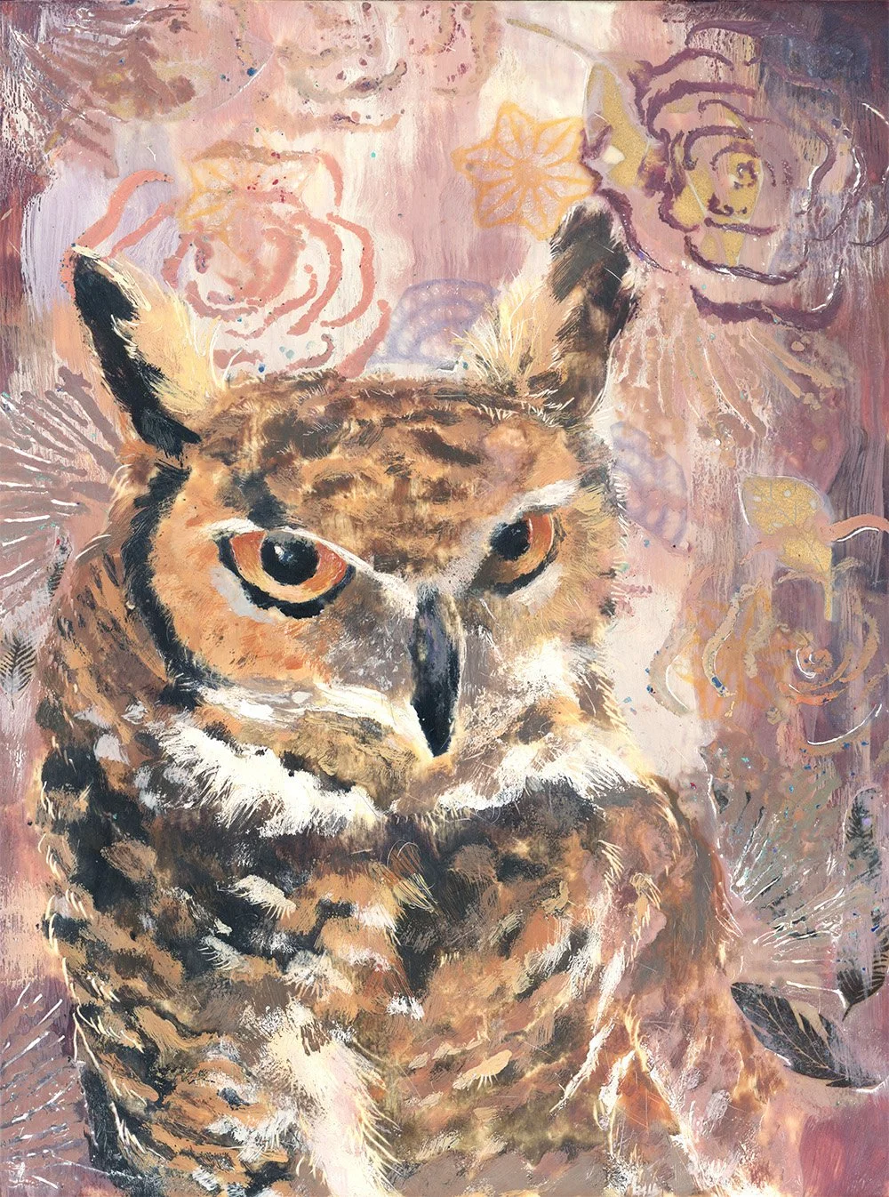 "Heathered Owl" -
9x12" Encaustic on Birch Panel - 
$200 *available