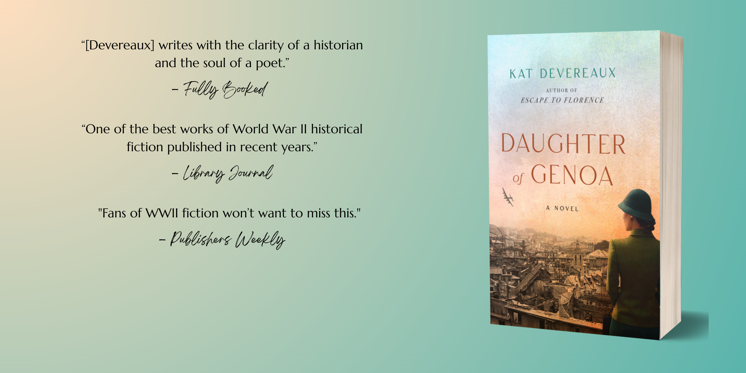 Book cover titled "Daughter of Genua" by Kat Devereaux, featuring a woman in a green coat and hat overlooking a cityscape with a sunset background.