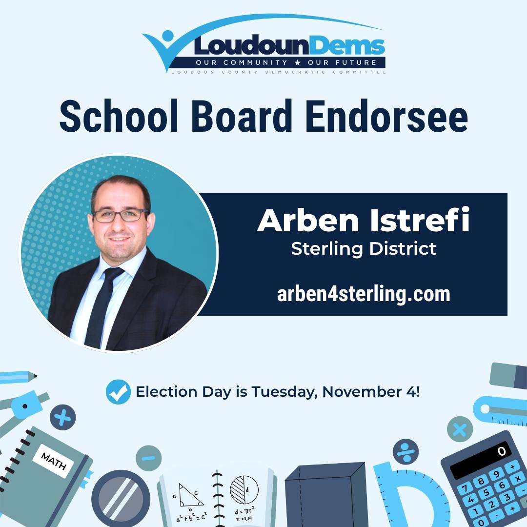 📣 𝗘𝗡𝗗𝗢𝗥𝗦𝗘𝗠𝗘𝗡𝗧 𝗔𝗡𝗡𝗢𝗨𝗡𝗖𝗘𝗠𝗘𝗡𝗧 &ndash; 𝗔𝗿𝗯𝗲𝗻 𝗜𝘀𝘁𝗿𝗲𝗳𝗶 𝗳𝗼𝗿 𝗦𝘁𝗲𝗿𝗹𝗶𝗻𝗴 𝗦𝗰𝗵𝗼𝗼𝗹 𝗕𝗼𝗮𝗿𝗱

The Loudoun Democrats are proud to endorse @arben4sterling for re-election as the Sterling District representative t