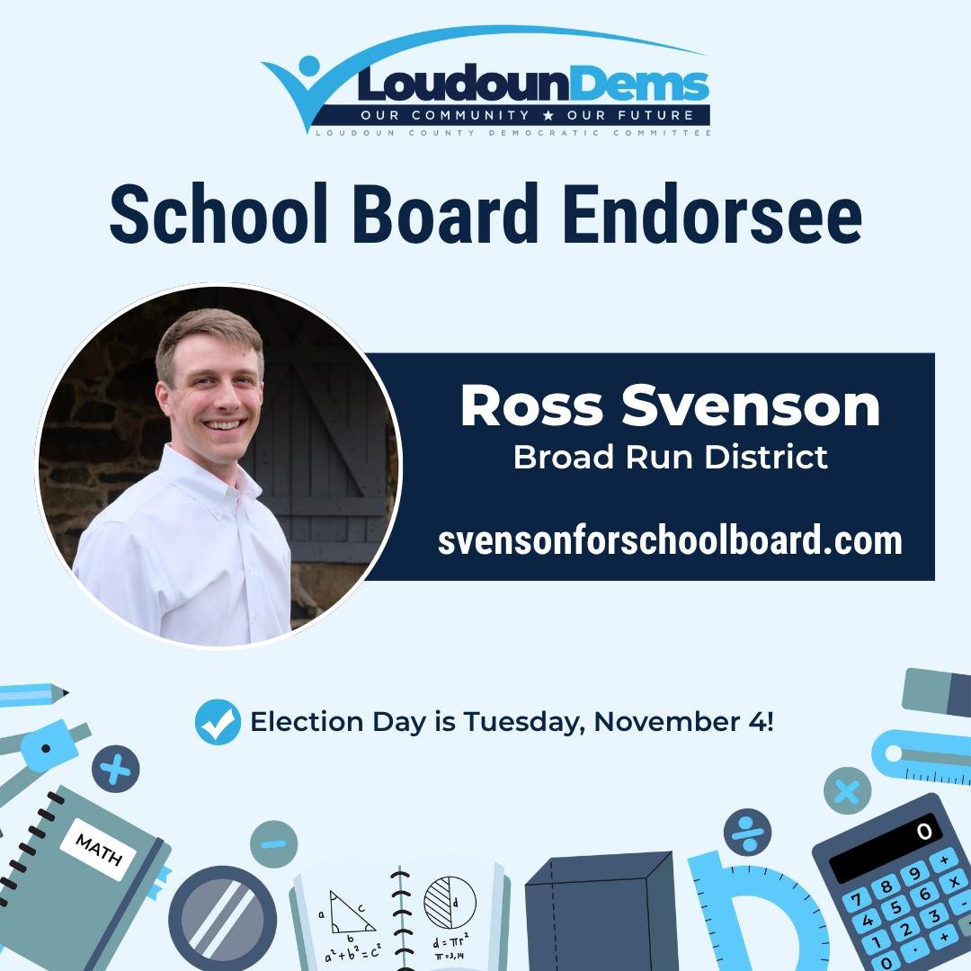 📣 𝗘𝗡𝗗𝗢𝗥𝗦𝗘𝗠𝗘𝗡𝗧 𝗔𝗡𝗡𝗢𝗨𝗡𝗖𝗘𝗠𝗘𝗡𝗧 &ndash; 𝗥𝗼𝘀𝘀 𝗦𝘃𝗲𝗻𝘀𝗼𝗻 𝗳𝗼𝗿 𝗕𝗿𝗼𝗮𝗱 𝗥𝘂𝗻 𝗦𝗰𝗵𝗼𝗼𝗹 𝗕𝗼𝗮𝗿𝗱

The Loudoun  Democrats are proud to endorse @svensonforschoolboard for the Broad Run seat on the Loudoun County Schoo